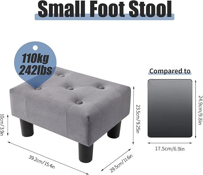BRIAN & DANY Small Foot Stool, Velvet Foot Stools with Legs, Stable Small Footstool for Living Room, Grey