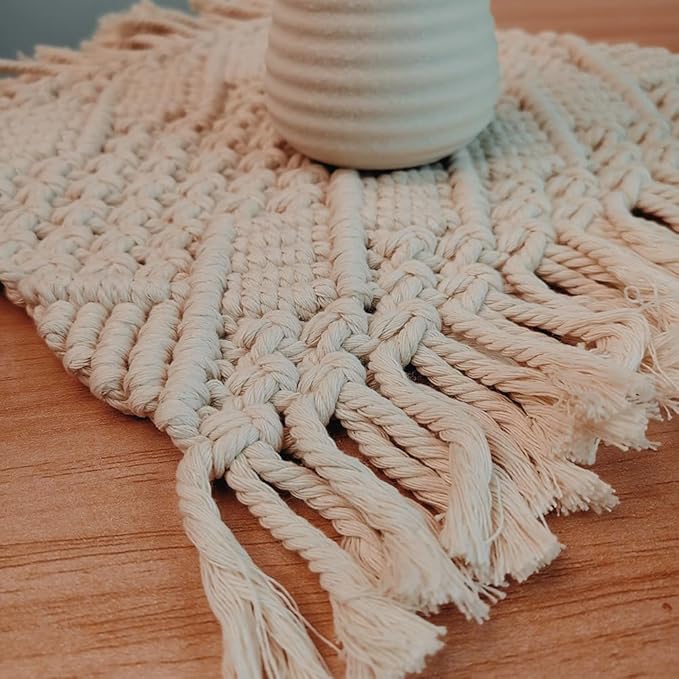 Handmade Cotton Woven Crochet Placemat with Tassels, 10 x12 Inches Small Place Mat for Bohemian Wedding Décor, Boho Table Mat for Farmhouse, Rustic Décor for Dining Table, Beige