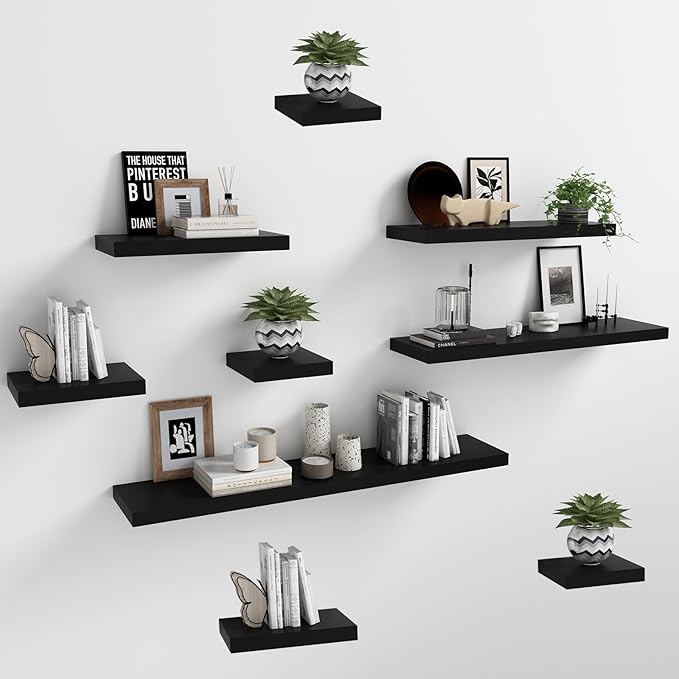 WELLAND 16 inch Black Mission Floating Shelves for Wall, Bathroom Wall Mount Shelves, Wood Modern Display Shelves, Book Shelves,for Bedroom,Living Room and Kitchen