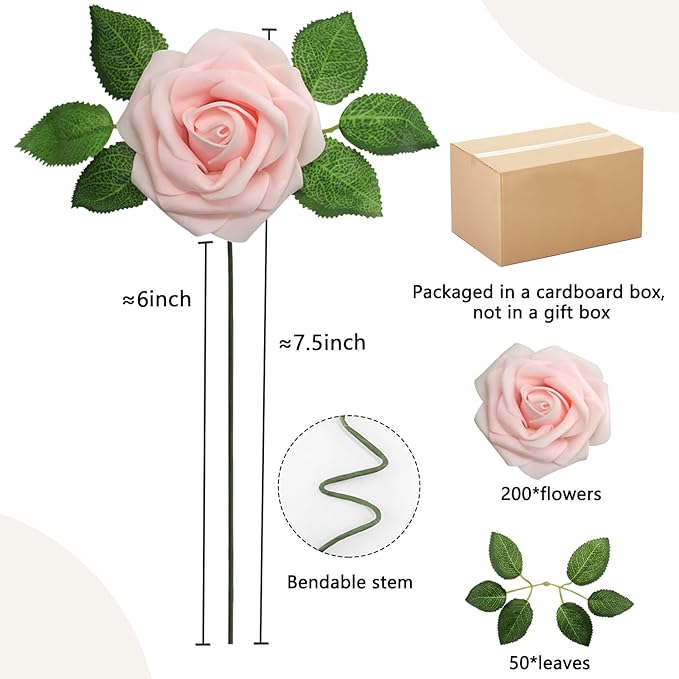 200PCS Artificial Flowers Light Pink Roses Real Looking Foam Fake Roses with Leaves and for DIY Wedding Bouquets Bridal Shower Centerpieces Party Decorations (Light Pink, 200)