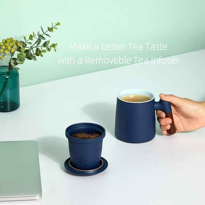ZENS Tea Cup with Infuser and Lid for Loose Leaf Tea Steeper, 12oz Blue Tea Mug with Fine Tea Strainers for Hot Tea Diffusers, Wood Handle Ceramic Tea Mugs Accessories for Tea Lovers Gifts