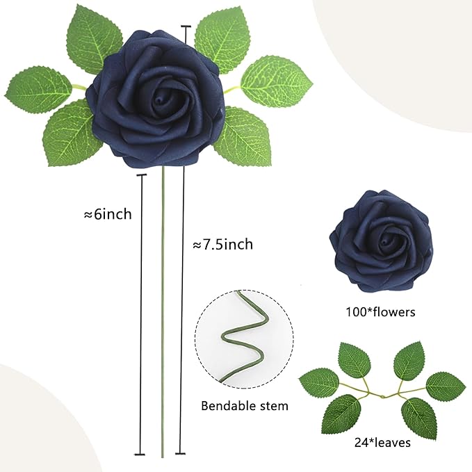 100Pcs Navy Blue Artificial Flowers Roses Real Looking Foam Fake Roses with Leaves and for DIY Wedding Bouquets Bridal Shower Centerpieces Party Decorations (Navy Blue, 100)