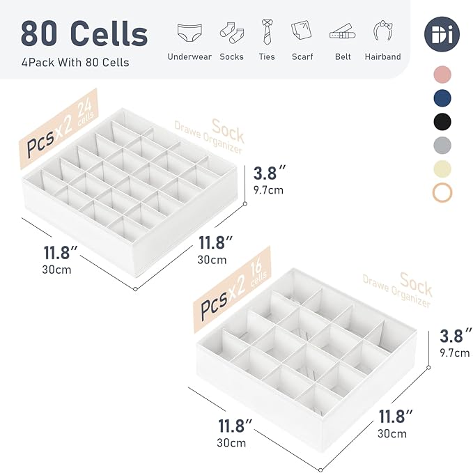 Joyoldelf Drawer Organizer 4 Pack - 2 x 24 Cell + 2 x 16 Cell Closet Organizers and Storage Dividers for Socks, Handkerchiefs, Ties, Belts (White)