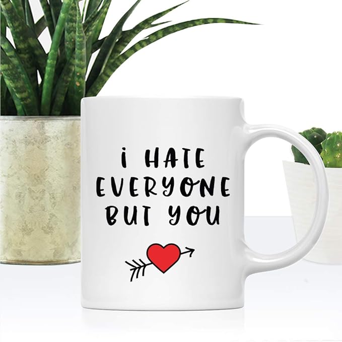 Andaz Press Valentine’s Day Funny 11oz. His Her Couples Coffee Mug Gift, I Hate Everyone But You, Heart Graphic, 1-Pack, Gift Box