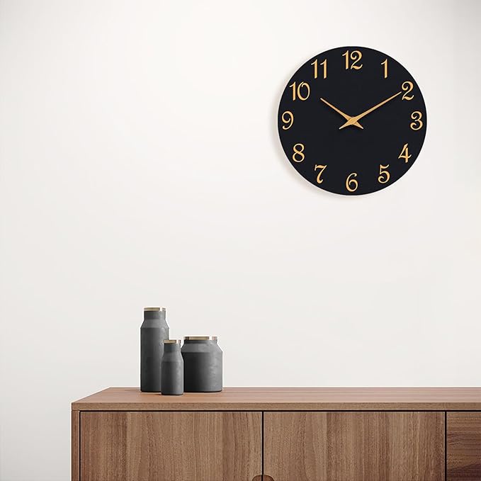 Wall Clock 14 Inch, Modern Wall Clocks Battery Operated, Silent Non Ticking Clock Decorative for Living Room, Office, Home, School (Black Gold)