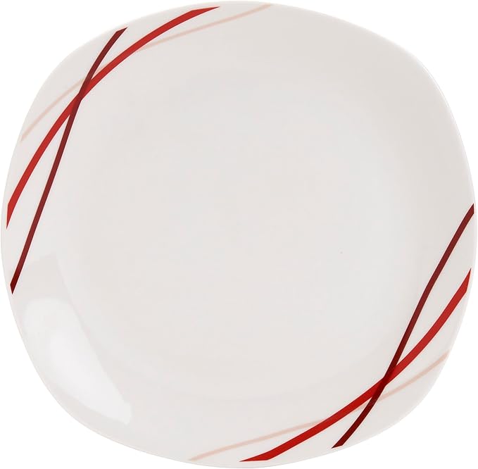 Tabletops Gallery 12-Piece White with Red Stripes Ceramic Dinnerware Set of Kitchen Dishes, Soft Square Dinner Salad Plates Cereal Bowls, Service for 4, Adrian
