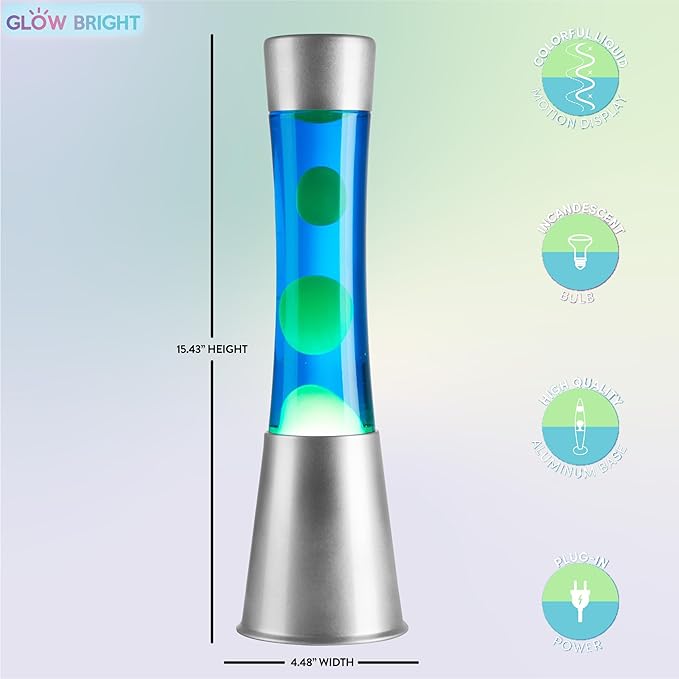 15.43" Cylinder Glow Lamp with Silver Base, Blue Liquid and Green Wax, Novelty Lamp and Home Décor for Adults, Teens and Kids