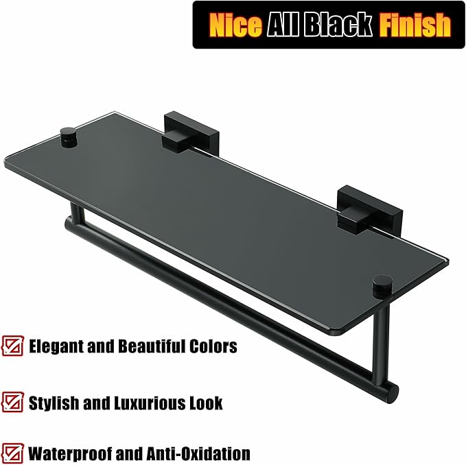 Alise Bathroom Shelves Glass Shelf with Bar,Wall Mount Floating Shelves for Bathroom,1 Tier Tempered Glass Holder Rack Storage Organizer,SUS304 Stainless Steel GOY6380-B Black