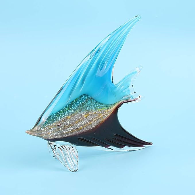 Hophen Art Glass Tropical Angel Swallow Fish Blown Handmade Sea Animal Figurine Sculpture Home Decor Collectible Statue Paper Weight Gift Ornament (Blue and Black)