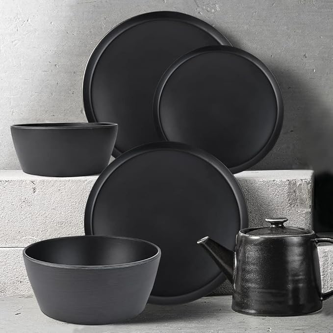 Dinnerware Sets 12 pcs, Melamine Plates and Bowls Sets, Matte Black, Plate Set for 4, Indoor and Outdoor use, Dishwasher Safe