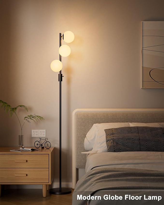 64IN Dimmable Black Floor Lamp, Tall Standing Lamps with 3 Globe Soft Warm White Eye Care 3000K G9 Bulbs, Mid Century Modern Floor Lamp for Living Room Bedroom Office
