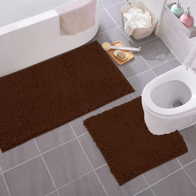 Bathroom Rugs Sets 2 Piece, Luxury Chenille Bath Mat Set, Soft Plush Anti-Slip Bath Rug + U-Shaped Toilet Mat. Microfiber Shaggy Carpet, Super Absorbent (24” x 36” & 20” x 24” U, Brown)