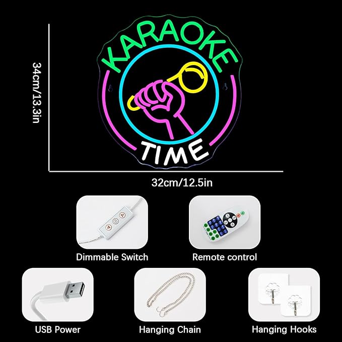 NEONLOVE Karaoke Time Neon Sign Karaoke Bar Neon Signs for Wall Decor Karaoke Dimmable Neon Party Sign Lights USB Powered LED Neon Lights for Game Room Man Cave Bar Club Karaoke Party Birthday