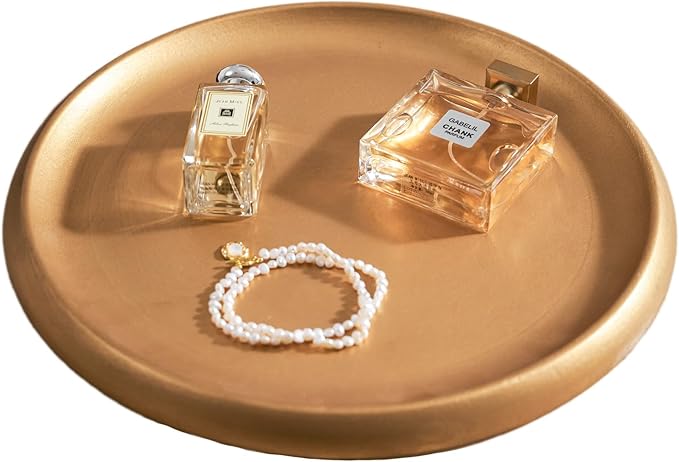 DN Decoration Gold Decorative Tray, 14 Inch Large Gold Tray, Round Wooden Trays for Home Decor, Coffee Table Trays Decor for Perfume, Jewelry, Living Room, Table Centerpiece, Bathroom, Ottoman