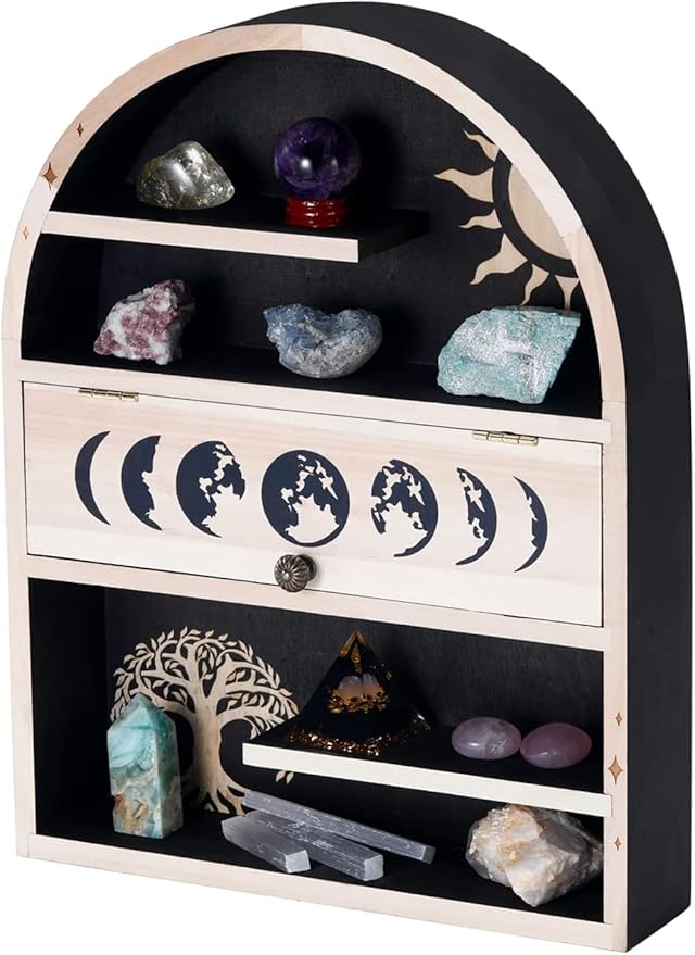 Ella & Emma Tree of Life Sun Crystal Shelf - Wall Hanging Crystal Display Shelf for Stones, Nail Polish, & Essential Oil Storage