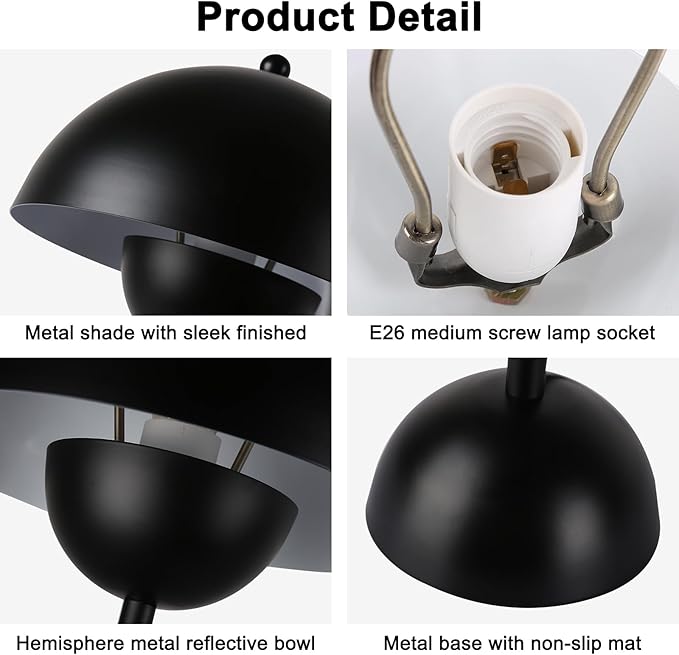 COSYLUX Modern Small Table Lamp for Bedroom, Cute Dome Shade Reflecting Light Reading Lamp for Living Room, Kid's Room, Study, Office, Beside Bedside Nightstand Desk Lamp(Black)