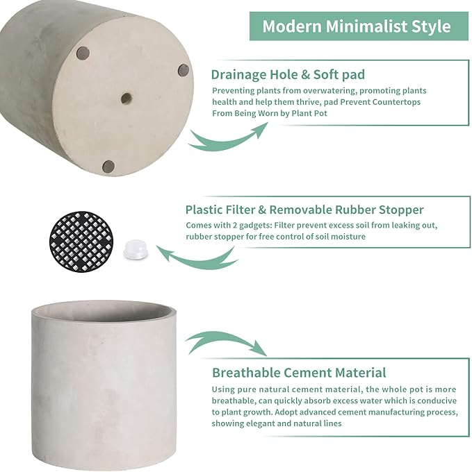 Cement Plant Pots Indoor - 14 inch Concrete Planter Pot for Planting - Modern Stone Clay Flower Pot with Drainage Hole for Garden, Home, Office Decor, Grey