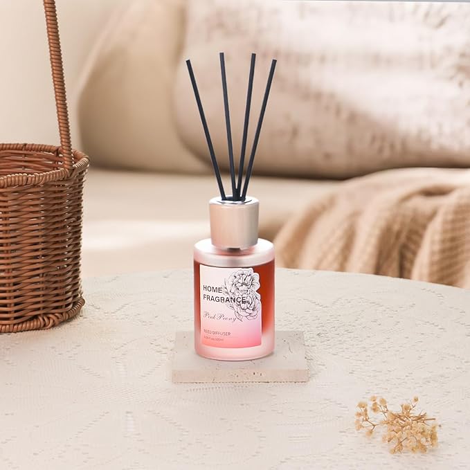 Reed Diffuser - Pink Peony 4.06oz (120ml) 1 Pack Essential Oil Reed Diffuser Set with 8 Sticks, Long Lasting Fragrance for Home, Bathroom, Bedroom, Room, Decor