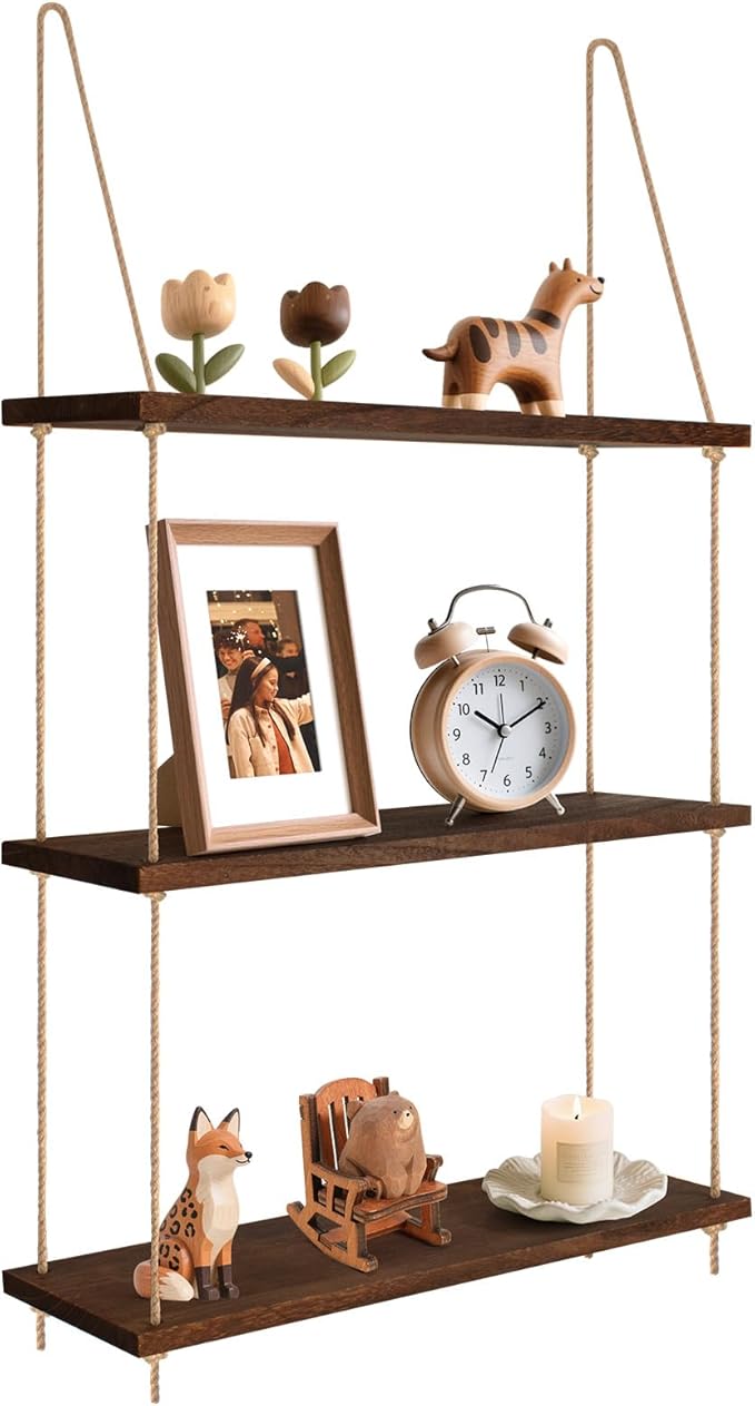 Hanging Floating Shelves for Wall,3 Tier Rustic Wood Wall Shelves for Bedroom,17.7'' Length Bathroom Shelves,Rope Hanging Shelf for Display Plants,Photo Frame,Boho Decor for Living Room