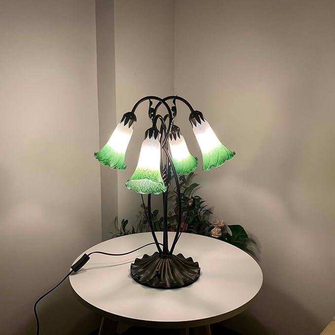 Bieye L10857 Lily Flower Blown Glass Accent Table Lamp for Living Room Bedroom Decoration (4-Light, Green)