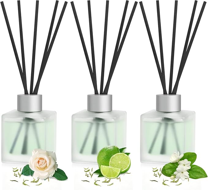 3-Pack Reed Diffuser Set, 100ml Rose Green Tea/Lemon Green Tea/Jasmine Green Tea Essential Oils with Diffuser Sticks, Long Lasting Air Freshener, Home Fragrance for Bathroom Decor