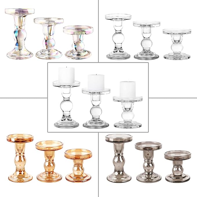 3-Piece Set of Glass Candlestick, Crystal Candlestick Holder Holder and Conical Candle, Christmas Candle Holder Decoration, Family Living Room Wedding Candle Holder (7 Colour)