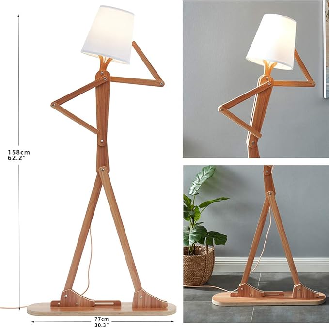 Cool Tall Floor Lamp for Living Room Bedroom Farmhouse - Corner Decorative Reading Standing Light Wood Creative Swing Arm Arc Design Gift for Kids/Boys/Girls Bedside - with LED Bulb (Ash)
