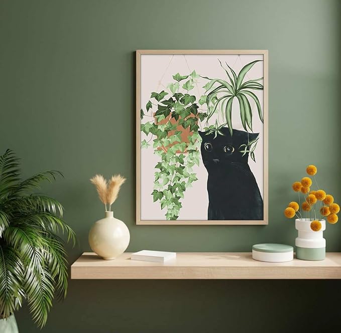 6pcs Cute Black Cat Botanical Wall Art, Green Leaves Plants Boho Wall Art Canvas Paintings, Minimalist Aesthetic Poster Prints Wall Decor Pictures for Living Room Bedroom Office, Unframed (8"x10")