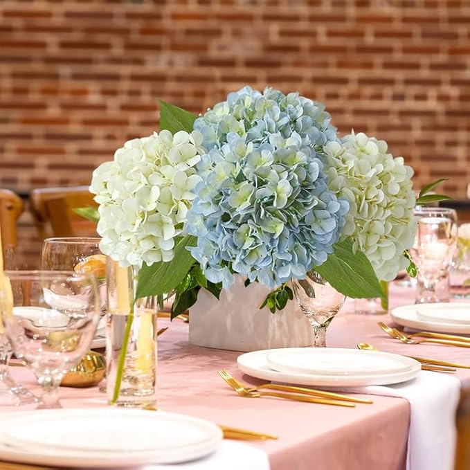 4Pcs Boho Faux Hydrangea Flowers, Blue/White 20" Real Touch Fall Artificial Hydrangea,Fake Silk Flowers for Dinning Tables Party Outdoor Home Cemetery Kitchen Wedding Bouquet