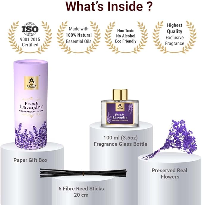 The Aroma Factory Fragrance Reed Diffuser Set with Natural Essential Oil, Aroma Sticks & Real Preserved Flowers | Luxury Home Decor Scent (French Lavender, 1 Pack)