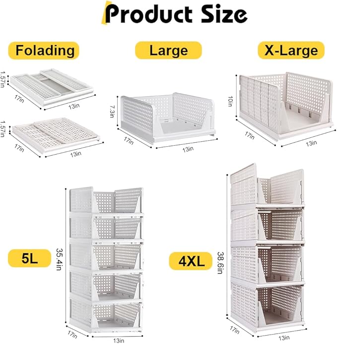 XL Stackable Plastic Storage Basket, 4 Packs closet storage bins for clothes sweater organizer for closet Folding closet organizers and storage Closet Shelf Storage Container for Cupboard Bedroom 4XL