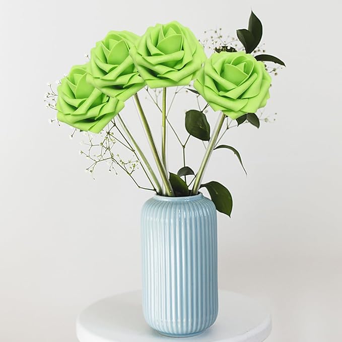 100Pcs Green Artificial Flowers Roses Real Looking Foam Fake Roses with Leaves for DIY Wedding Bouquets Bridal Shower Centerpieces Party Decorations (Green, 100)
