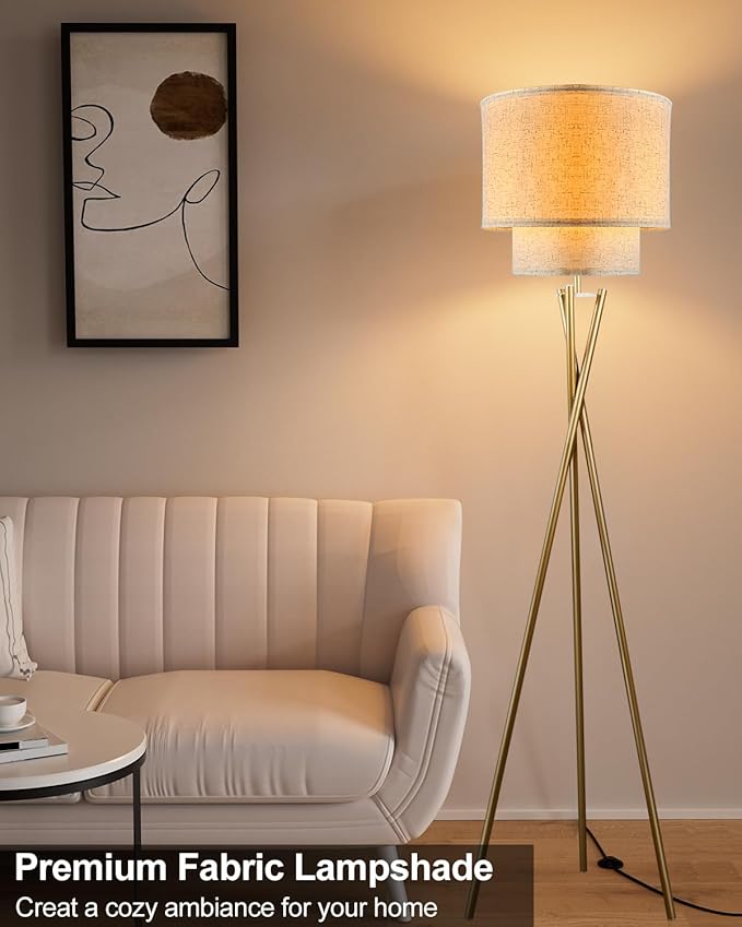Lightdot Glod Tripod Floor Lamp, Modern Floor Lamps for Living Room, Standing Lamp with Double Linen Shade, E26 Bulb Included, 67.7" Tall Floor Lamp for Bedroom, Home Office