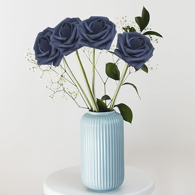 100Pcs Navy Blue Artificial Flowers Roses Real Looking Foam Fake Roses with Leaves and for DIY Wedding Bouquets Bridal Shower Centerpieces Party Decorations (Navy Blue, 100)