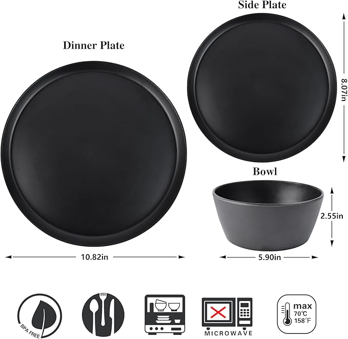 Dinnerware Sets 12 pcs, Melamine Plates and Bowls Sets, Matte Black, Plate Set for 4, Indoor and Outdoor use, Dishwasher Safe