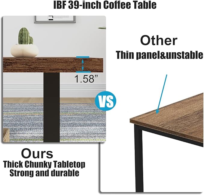 IBF Rustic Coffee Table, Industrial Simple Wooden Living Room Table, Modern Minimalist Farmhouse Rectangle Center Table, Wood and Metal Vintage Tea Coffee Table for Home Bedroom, Rustic Brown, 39 Inch