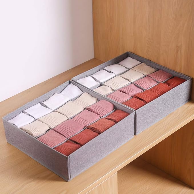 Qozary 2 Pack Socks Underwear Drawer Organizer Divider, 24 Cell or 16 Cell Collapsible Cabinet Closet Organizer Storage Boxes for Clothes, Socks, Lingerie, Underwear, Ties