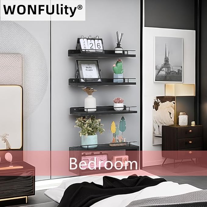 WONFUlity Bathroom Wall Shelves With Storage Basket, Over Toilet Paper Holder, Farmhouse Wood for Living Room, Bedroom, Kitchen, Wall Decor (2 Black)