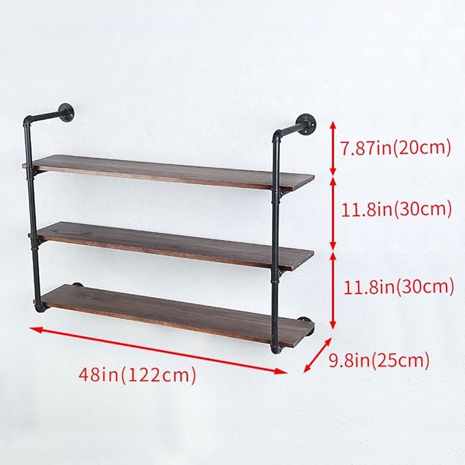 Industrial Pipe Shelves with Wood Planks,Bar Shelving Wall Mounted Hanging Book Shelf,Rustic Iron Floating Shelves for Wall(3 Tier 48in)