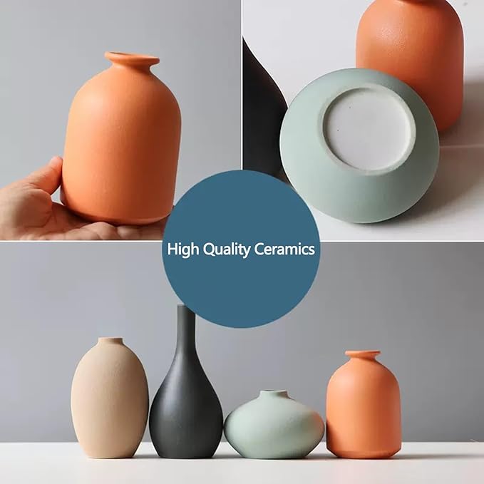 Small Matte Ceramic Vase Set of 4 - Rustic Farmhouse Decorative Vases for Shelf,Office, Home & Bohemian Style - Modern Decor Design Living Room, Table, Mantel,Colorful Unique Flower Vases
