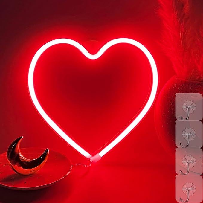 Neon Heart Sign, Red Led Sign Light for Bedroom, Hanging Lamp for Wall Decor, USB/Battery Operated