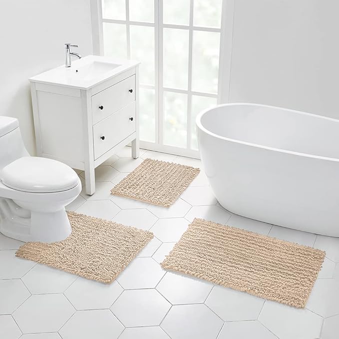 Walensee Bathroom Rug 2 Pieces Set Non Slip Bath Mat (20"x32" Plus 20"x24" U Beige) Water Absorbent Super Soft Shaggy Chenille Machine Washable Dry Extra Thick Perfect Carpet for Shower Floor