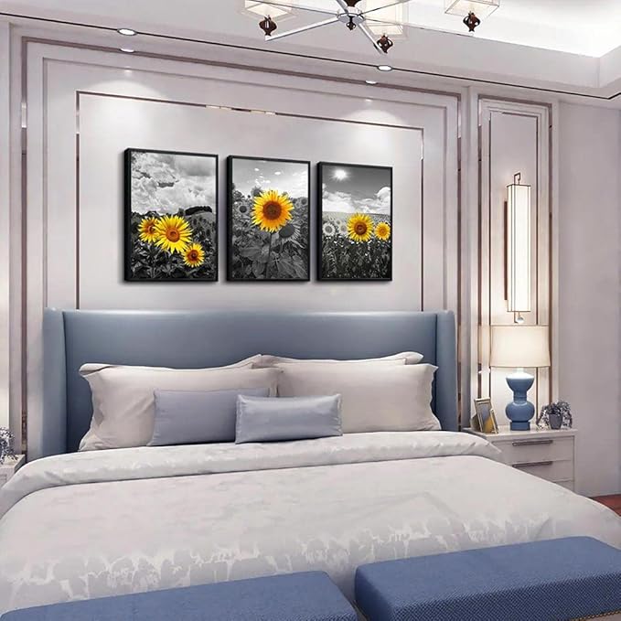 Black Framed Wall Art For Living Room Large Size Wall Decor For Bedroom Sunflower Flowers Wall Paintings Room Decor Black And White Wall Pictures Kitchen Home Decor Set of 3 Piece Framed Art Prints