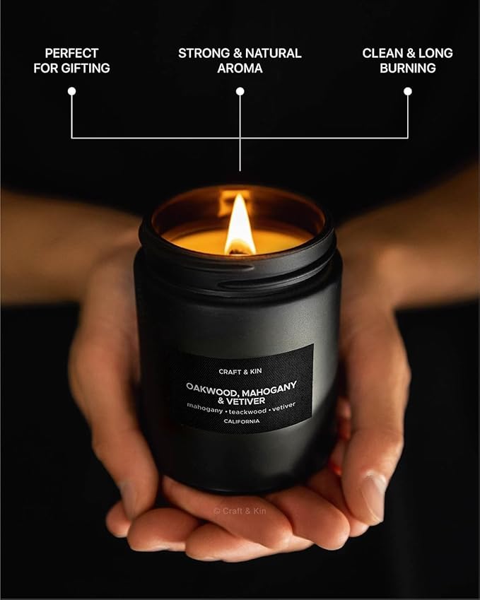 Craft & Kin Premium Oakwood, Mahogany & Vetiver Candle | Black Spring Scented Candles for Men | Long Lasting with 45 Hour Burn Time, 7.6oz | Made with Soy | Aromatherapy at Home | Gifts for Men