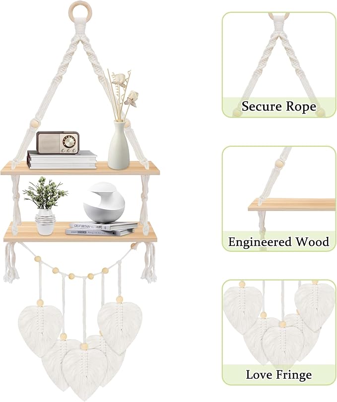 Macrame Plant Hanger,Boho Decor Floating Shelves with Leaves , Wood Floating Shelves for Wall No Drilling for Plants Photos,Girls Bedroom Decor Storage Shelf,Ideal Gifts for Housewarming (2 tier)