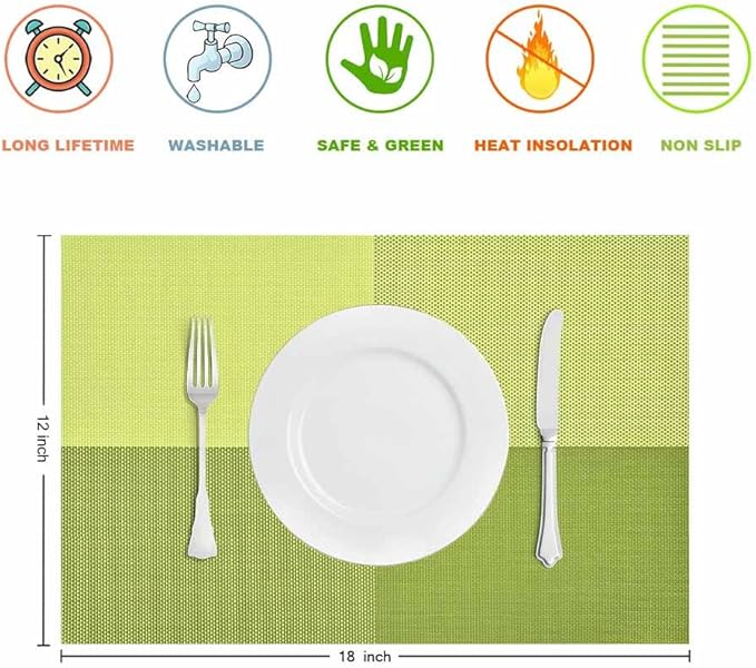GIVERARE Placemats Set of 4, Heat-Resistant Woven Vinyl Placemat, Non-Slip Washable PVC Table Mat, Easy to Clean Premium Plastic Mats for Dining, Kitchen Table (Green)