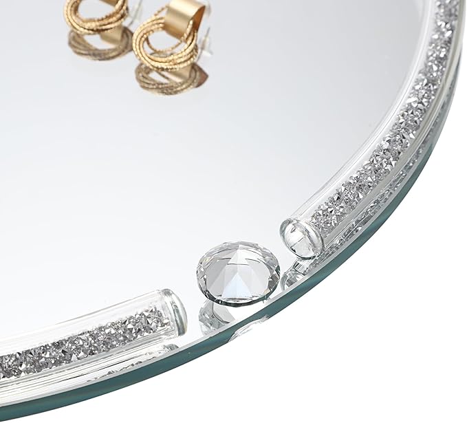 Hipiwe Glass Mirrored Tray, 11.8" Round Mirror Decorative Tray with Crushed Diamond Design for Jewelry, Cosmetics, Bathroom Countertop Makeup Organizer