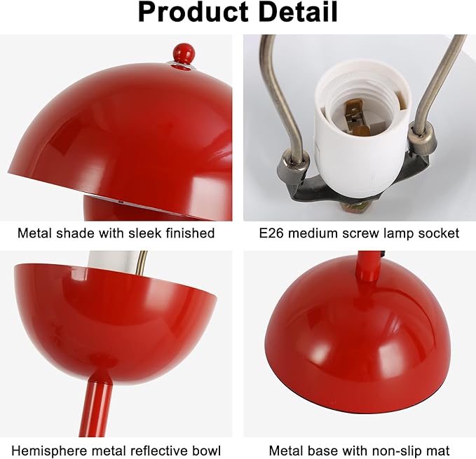 COSYLUX Modern Small Table Lamp for Bedroom, Cute Dome Shade Reflecting Light Reading Lamp for Living Room, Kid's Room, Study, Office, Beside Bedside Nightstand Desk Lamp(Red)