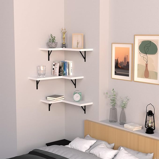NATURE'S SOURCE Corner Floating Shelves Set of 3, Corner Shelves Wall Mounted, for Bedroom Kitchen Living Room Bathroom Office- Gothic Style (White, Set of 3)