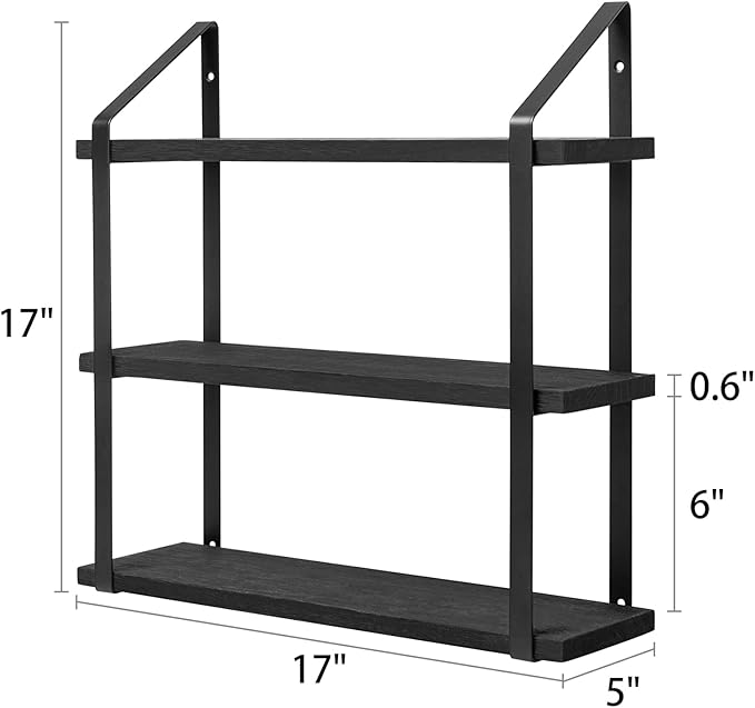 Mkono Floating Wall Shelves 3 Tier Rustic Hanging Shelf with Metal Bracket Wall Mount Wood Storage Display Shelves for Living Room Bathroom Bedroom Kitchen Office,Black